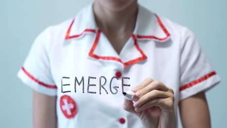 EMERGENCY,-Female-doctor-writing-on-transparent-screen