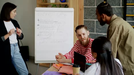 Cheerful-businesswoman-explaining-start-up-business-brief-on-flipchart-to-multi-ethnic-colleagues-in-modern-loft-office-indoors