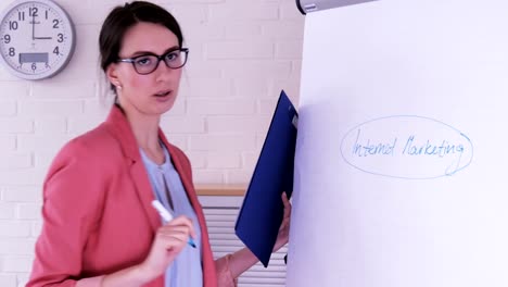 A-young-businesswoman-giving-a-presentation-with-a-flip-chart