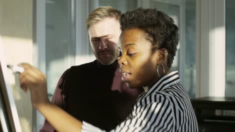 African-Lady-Drawing-on-Flipchart-and-Speaking-with-Male-Colleague