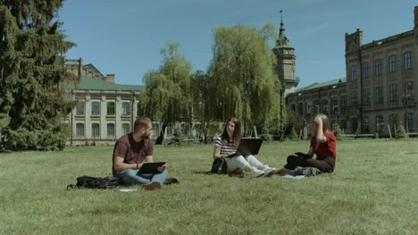 Studenten-mit-den-Ideen-auf-dem-Campus-Rasen-teilen