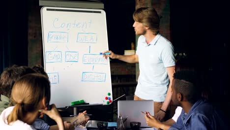 Male-business-trainer-is-working-with-whiteboard-pointing-at-chart-and-speaking-while-company-employees-are-learning-and-talking-sitting-at-table-in-office.