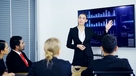 Young-businesswoman-answering-questions-about-marketing-analysis-with-large-monitor