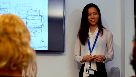 Businesswoman-giving-presentation-in-conference-room-at-office-4k