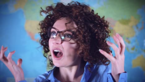 4K-Teacher-or-Student-Woman-with-Curly-Hair-Acting-Crazy-and-Funny