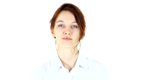 Victory-Sign,-Red-Hair-Woman-on-White-Background