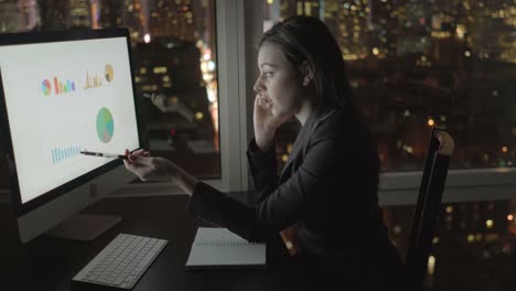 Atractiva-morena-trabajando-en-la-tabla-de-la-oficina-por-la-noche.-Empresaria-de-trabajo-con-ordenador-y-teléfono-inteligente-oficina-con-vista-al-paisaje-urbano.