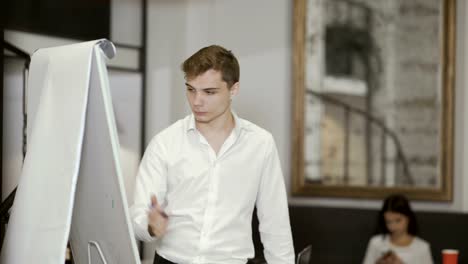 Hübscher-Kerl-schreibt-auf-dem-flipchart