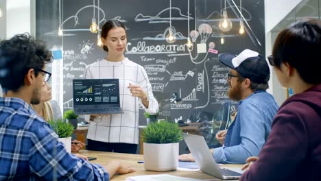 Beautiful-Woman-Spokesperson--Shows-Laptop-with-Infographics-Display-Great-Results-to-a-Diverse-Group-of-Talented-Young-Creative-People,-They-Have-Discussion-at-the-Meeting-Table.-Shot-in-Stylish-Office-Environment.