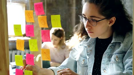 Young-creative-businesswoman-numbering-coloured-stickers-on-glassboard-for-project-while-working-together-with-female-colleague-in-modern-office