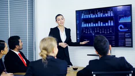 Análisis-marketing-empresaria-joven-con-gráfico-en-pantalla-grande