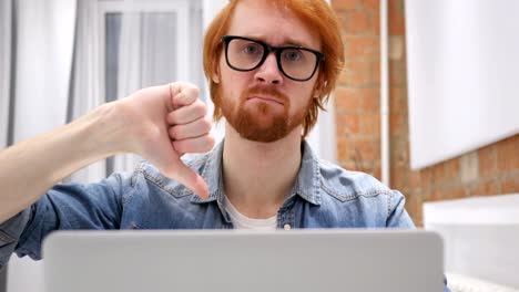 Thumbs-Down-by-Redhead-Beard-Man,-Disliking-and-Rejecting-at-Home