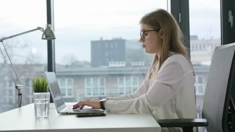 Bisinesswoman-sitzen-und-einen-Laptop-in-Innenräumen-verwenden