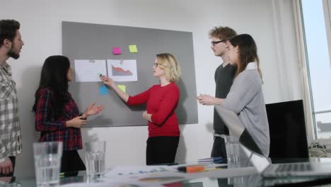 Young-entrepreneurs-standing-in-front-of-chalkboard-and-discussing-finance-graphs