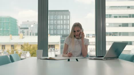 Serious-woman-working-in-light-office-room.-Elegant-modern-businesswoman-with-laptop-and-papers-at-long-table-in-conference-light-room-having-phone-call