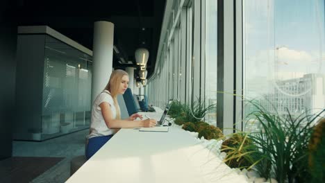 Empresaria-con-laptop-en-nueva-oficina-de-trabajo.-Vista-lateral-de-la-mujer-sentada-en-la-mesa-junto-a-ventana-en-oficina-moderna-y-usando-laptop-en-luz-del-día