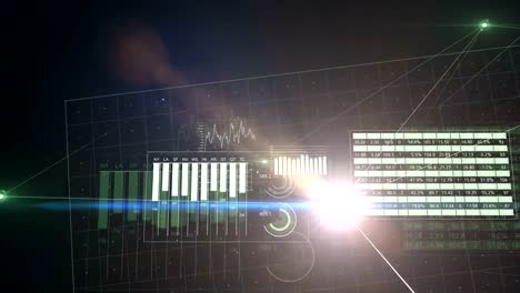 Flight-Through-Abstract-Business-Network-and-Digital-Information.-Beautiful-Looped-3d-Animation-with-Green-Lines,-Dots-and-Flares.-Business-and-Technology-Concept.