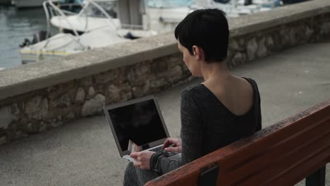 Woman-pay-online-by-credit-card-on-the-laptop-at-the-landing-stage