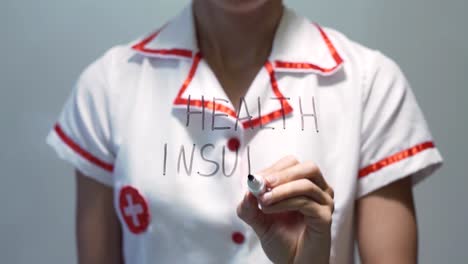 HEALTH-INSURANCE,-Female-doctor-writing-on-transparent-screen