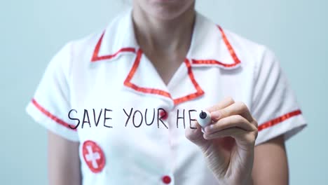 SAVE-YOUR-HEALTH,-Female-doctor-writing-on-transparent-screen