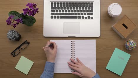 Obenliegende-Top-View-Of-Woman-Preparing-to-do-Liste-im-Tagebuch