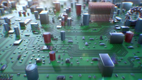 Hermoso-vuelo-sobre-la-placa-de-circuito-con-DOF-desenfoque.-Bucle-de-animación-en-3d-de-ordenador-placa-base-cerca.-Concepto-Digital-y-tecnología.