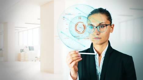 Mujer-tocando-una-pantalla-visual.-Tecnología-futurista-Hologramic