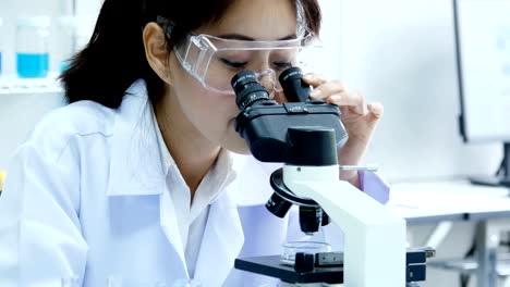 Female-Scientist-using-microscope-for-work.-Scientist-working-at-laboratory.-People-with-medical,-science,-doctor,-healthcare-concept.-4K-Resolution.