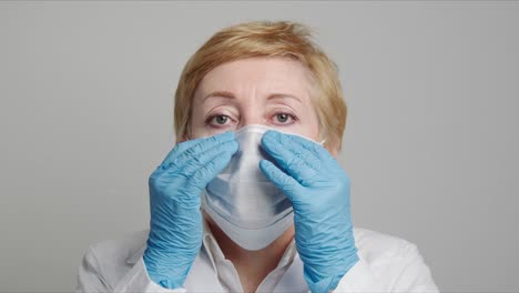 Erwachsene-Ärztin-zieht-eine-medizinische-Maske-an