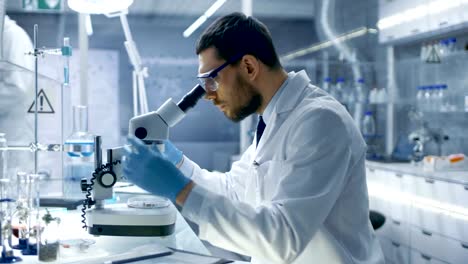 In-a-Modern-Laboratory-Assistant-Brings-Petri-Dish-to-Chief-Research-Scientist-who-Starts-Examining-given-Sample-Under-Microscope.