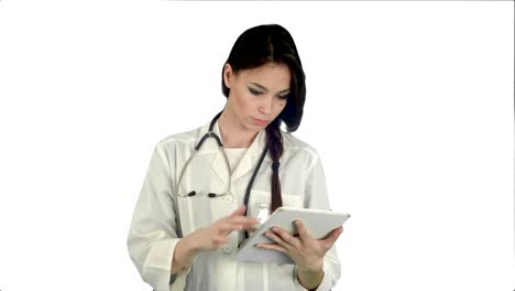 Pretty-female-doctor-with-stethoscope-using-tablet-computer-on-white-background