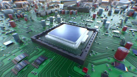 Prozessor-Installationsvorgang-auf-dem-Motherboard-mit-DOF-zu-verwischen.-Schöne-3d-Animation-Circuit-Board-und-CPU-zu-installieren.-Technologie-und-digitale-Konzept.