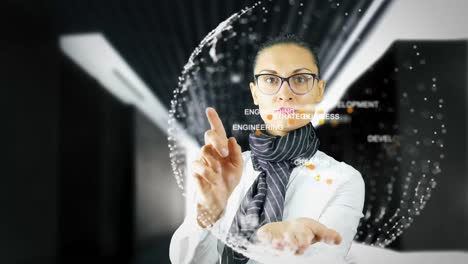 Technology.-Businesswoman-working-holographic-virtual-interface-on-dark-background