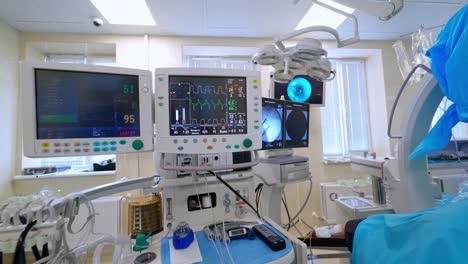 Contemporary-medical-equipment-in-the-reanimation.-New-technology-to-show-patient's-condition-in-the-intensive-care-unit.-Monitors-and-artificial-ventilation-in-clinic.