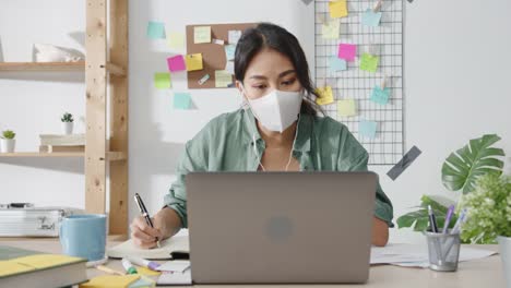Asia-businesswoman-wearing-medical-face-mask-using-laptop-talk-to-colleagues-about-plan-in-video-call-while-working-from-home-at-living-room.