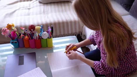 Chica-escribiendo-su-tarea-en-casa