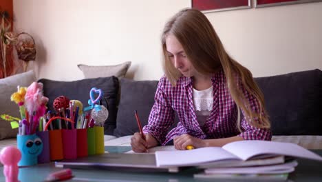 Chica-escribiendo-su-tarea-en-casa