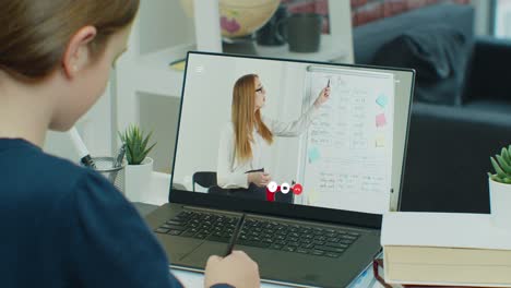 Back-rear-headshot-view-female-teenage-student-learning-foreign-language-with-tutor.-Laptop-screen-view-young-confident-female-teacher-in-eyeglasses-giving-educational-lecture-to-teen-girl-online.