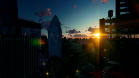 Puesta-de-sol-hermosa-Londres-sobre-mosca-zángano-de-The-Gherkin,-sede-Suiza-de-reaseguros,-4K