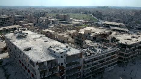 Aerial-shot-of-demolished-city-building