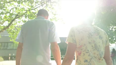 Back-view-of-an-active-tourist-couple-walking-in-london