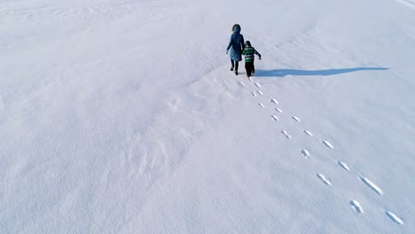 Family-time-walk-and-play-together.-Mother-and-son-running-hand-in-hand-through-the-snow-covered-area-in-winter.-back-view.