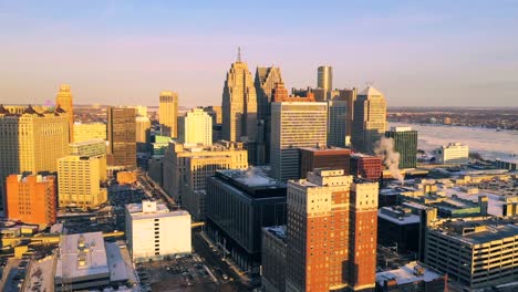 Detroit-downtown-aerial-view-Winter-at-Sunset