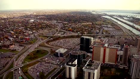 Aerial-Footage-of-Montreal-and-Longueuil-City,-Quebec,-Canada