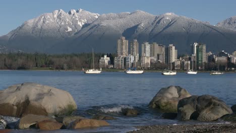 Vancouver-Towers,-Mountain-Snow,-English-Bay-4K