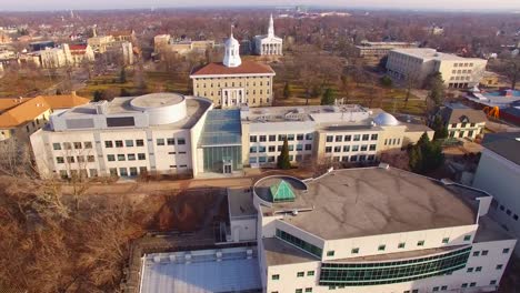 Prestigious-University-campus-with-spires,-Aerial-Flyover