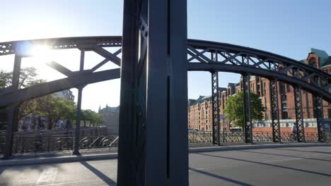 Sliding-shot-of-famous-Speicherstadt-warehouse-district-in-morning-lights.-Hamburg,-Germany--