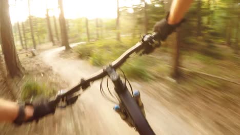 Man-riding-on-mountain-bike,-cycling-personal-perspective-view