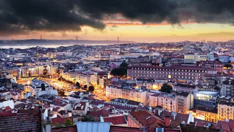 Lisbon-historic-city-at-sunset,-Portugal,-Time-lapse