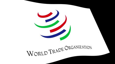 Bandera-de-la-WTO-(Organización-Mundial-del-comercio)-lento-agitando-en-perspectiva,-secuencias-de-animación-4K